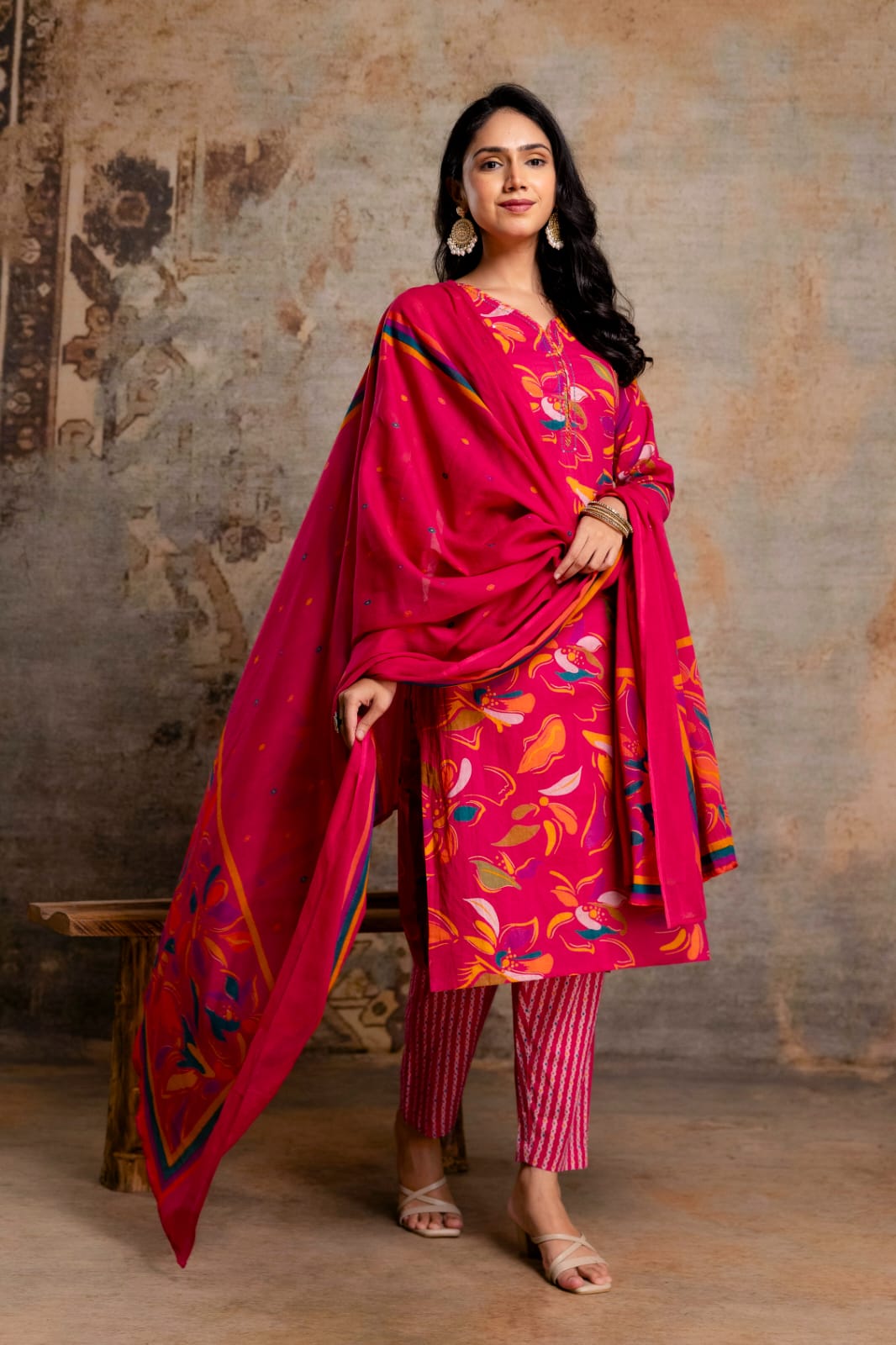 Lime Green Printed Cotton Kurta Set with Striped Pants & Dupatta