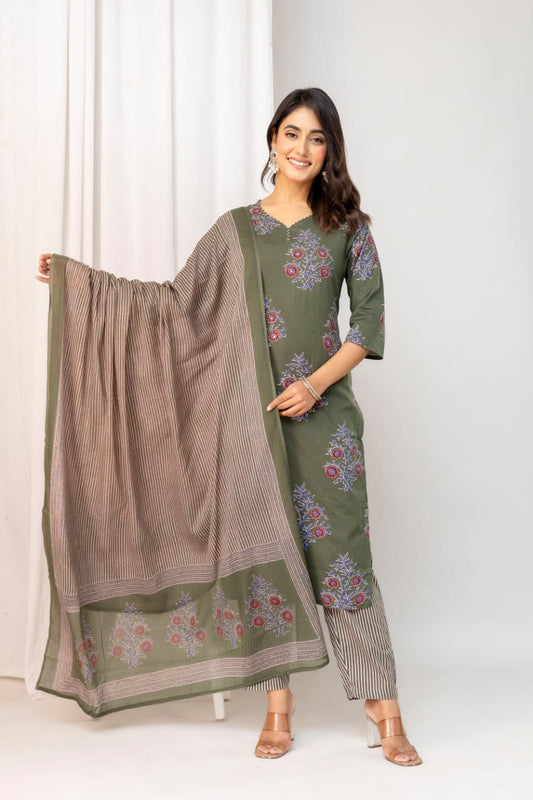Olive Green Floral Printed Cotton Suit Set with Dupatta