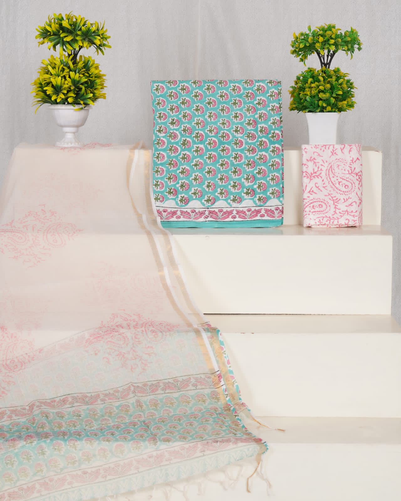 Elegant Aqua Floral Handblock Cotton Suit Set - Kota Doriya Dupatta with Zari Border
