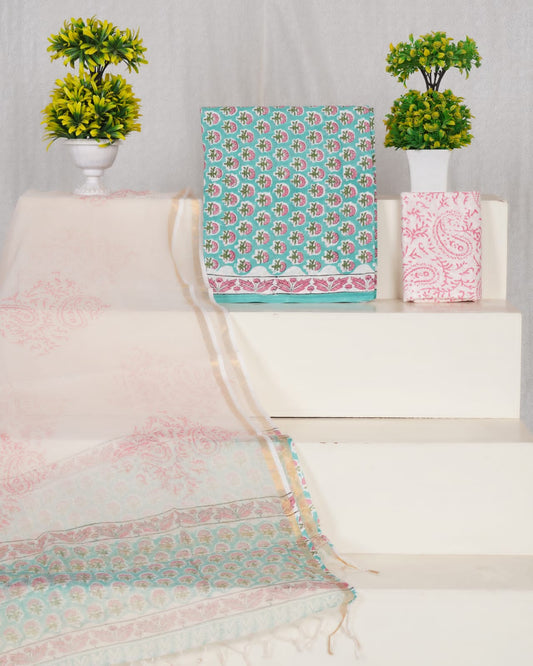 Elegant Aqua Floral Handblock Cotton Suit Set - Kota Doriya Dupatta with Zari Border