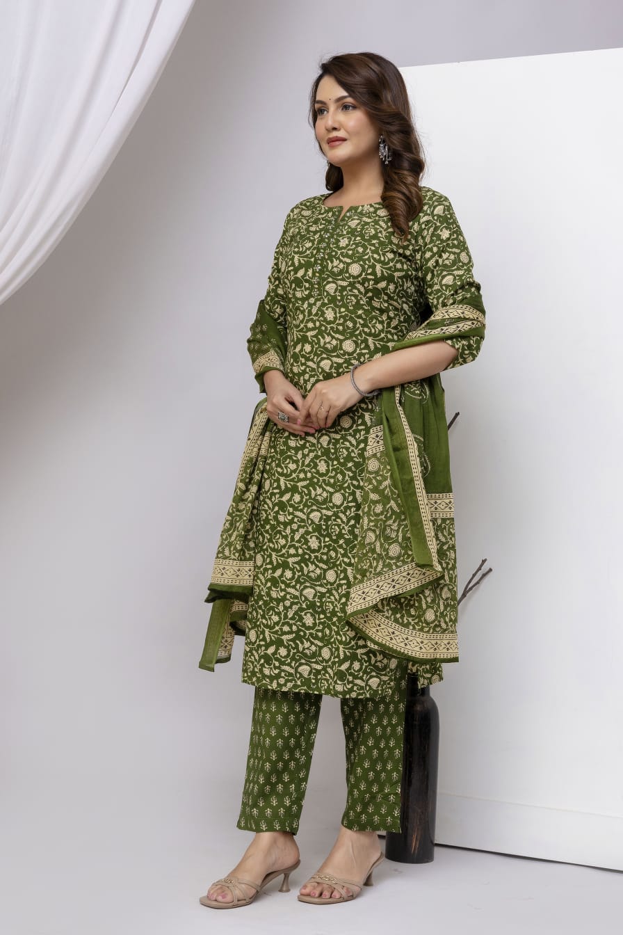 Olive Green Block Print Pure Cotton Suit Set with Border Dupatta