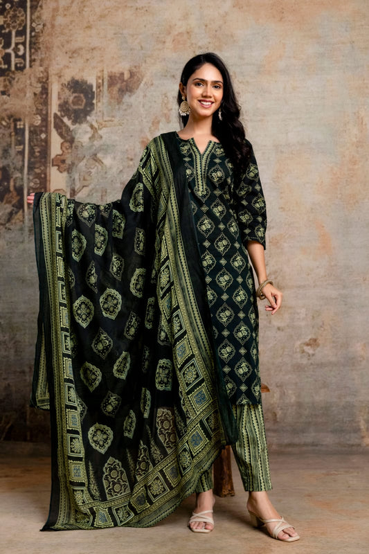 Olive Green Printed Cotton Kurta Set, Contrasting Striped Pants with Detailed Border Dupatta