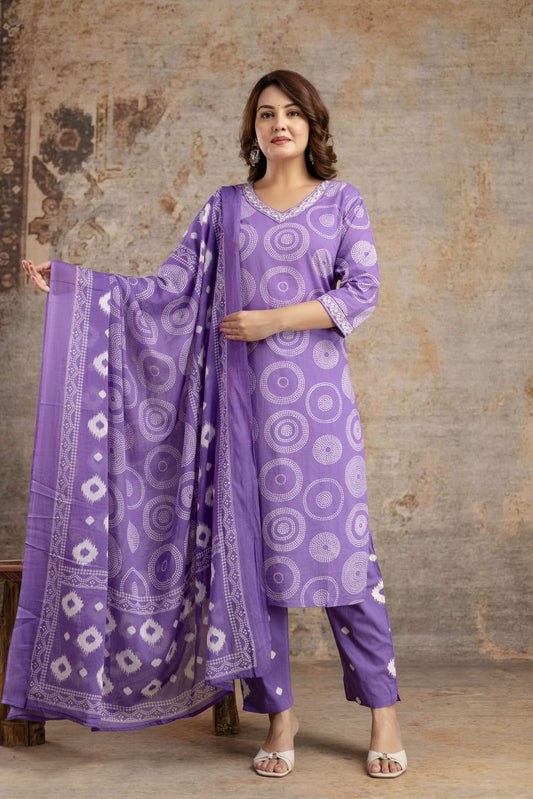 Purple Pure Cotton Suit Set with White Shibori Print