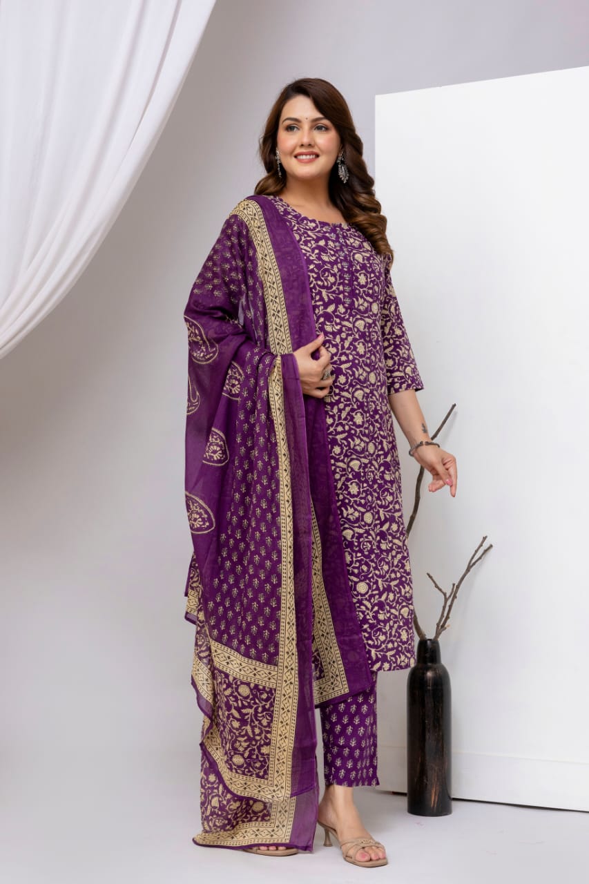 Olive Green Block Print Pure Cotton Suit Set with Border Dupatta