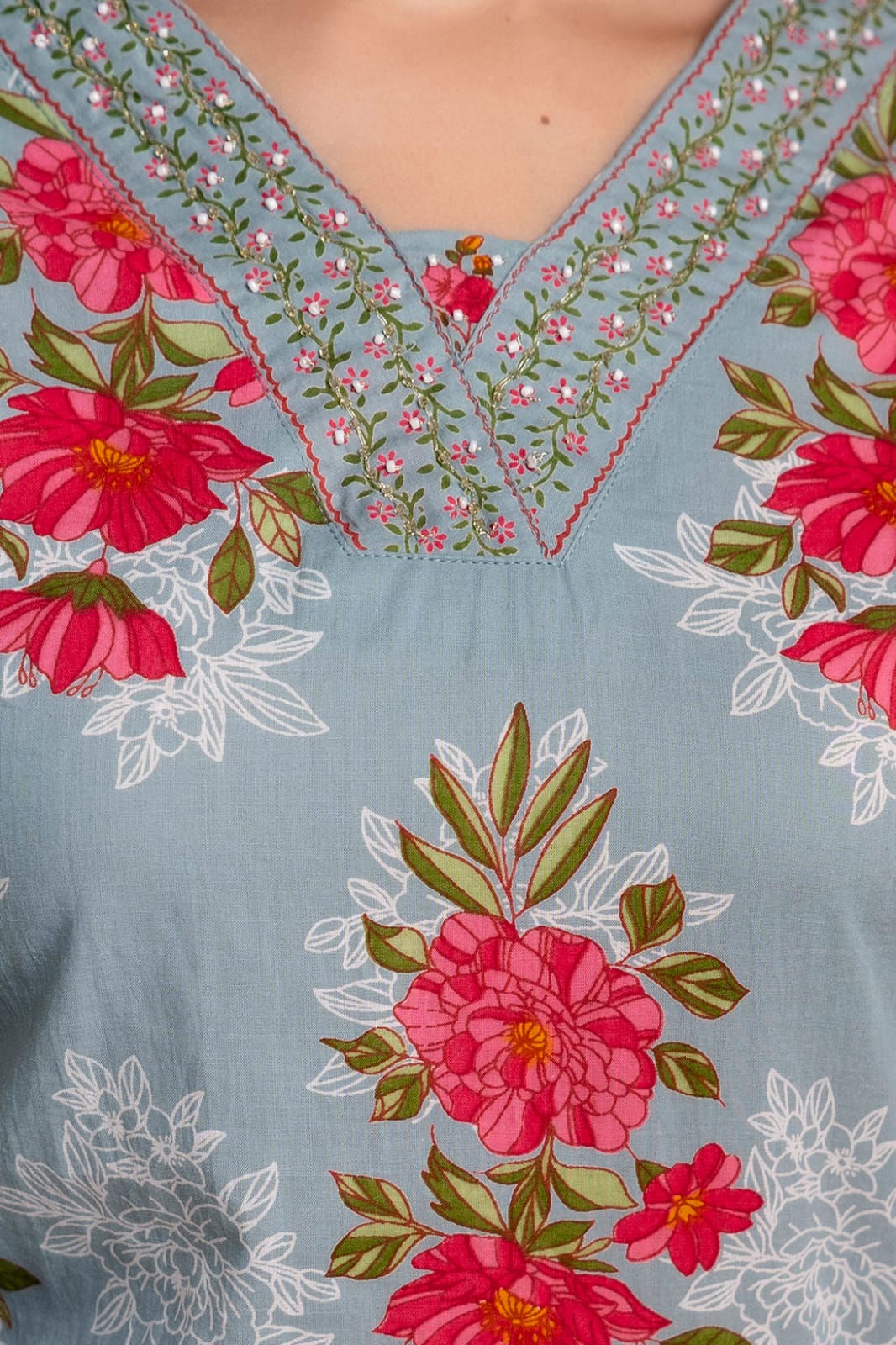 Beige Pure Cotton Suit Set with Pink Floral Block Print