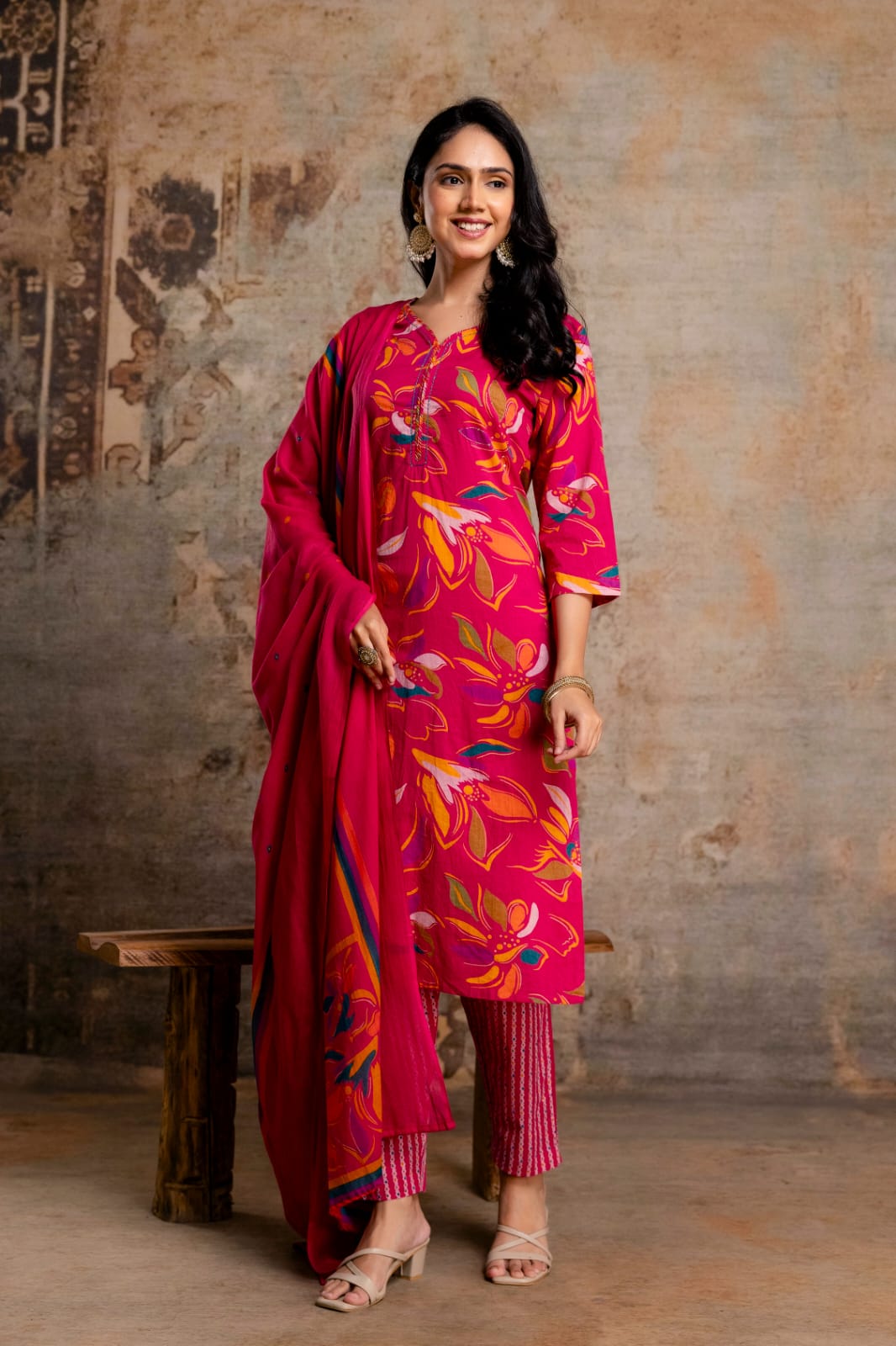 Lime Green Printed Cotton Kurta Set with Striped Pants & Dupatta