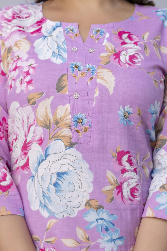 Women's Pastel Lavender Cotton Kurta Suit Set with Large Rose Floral Print & Matching Dupatta