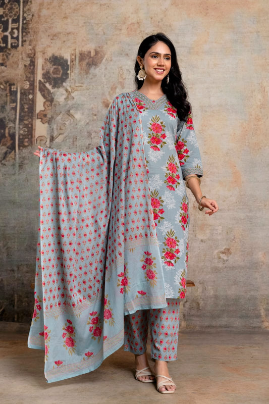 Misty Grey Pure Cotton Suit Set with Pink Floral Block Print