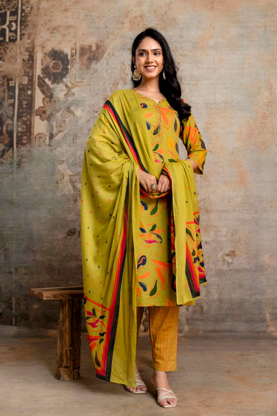 Lime Green Printed Cotton Kurta Set with Striped Pants & Dupatta