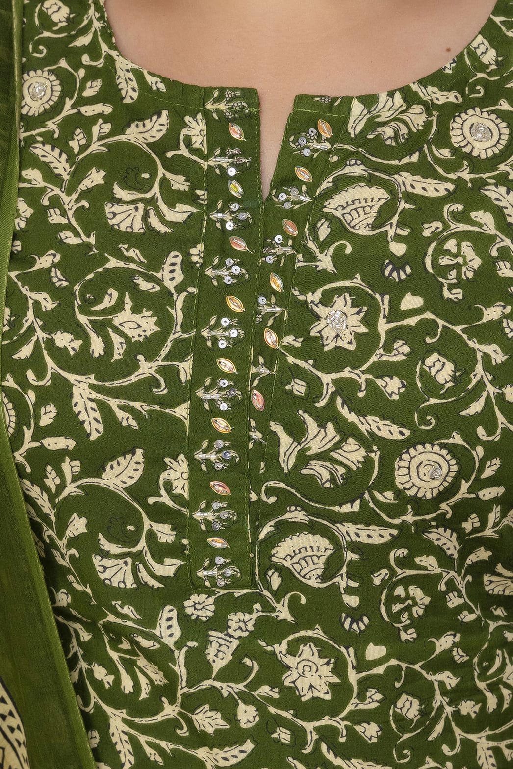 Olive Green Block Print Pure Cotton Suit Set with Border Dupatta