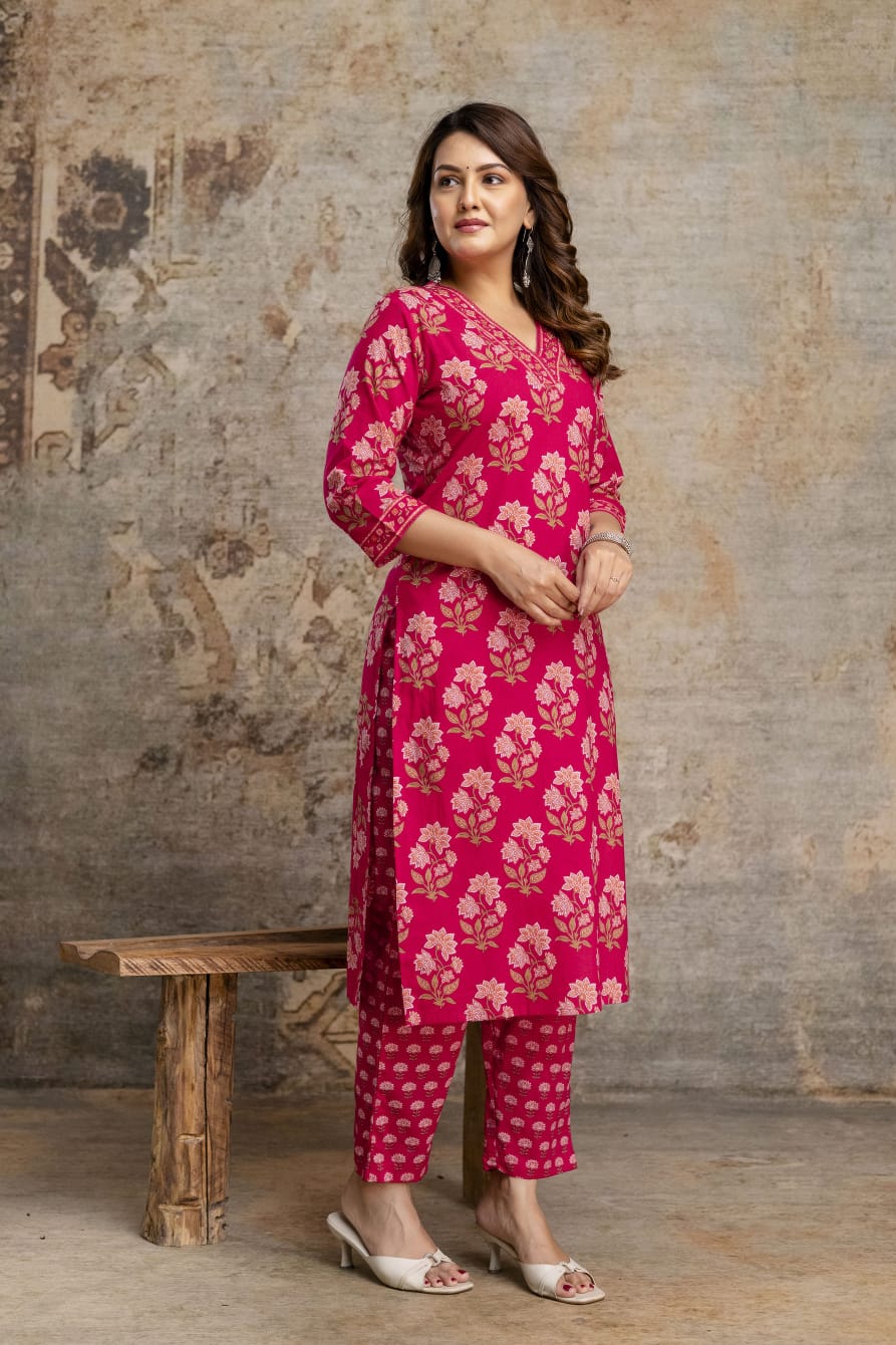 Women's Pink Sanganeri Handblock Cotton Suit Set with Printed Dupatta