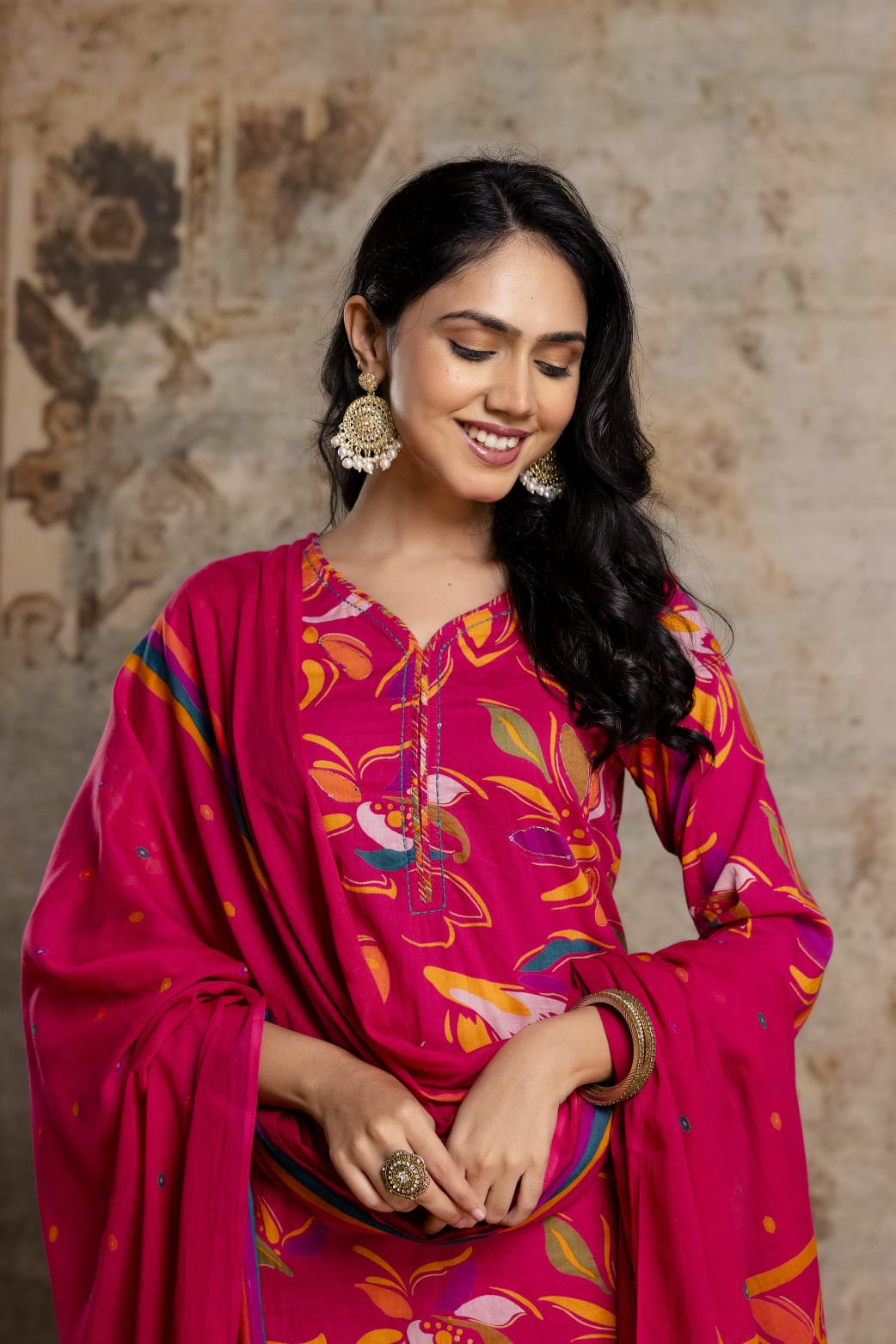 Lime Green Printed Cotton Kurta Set with Striped Pants & Dupatta