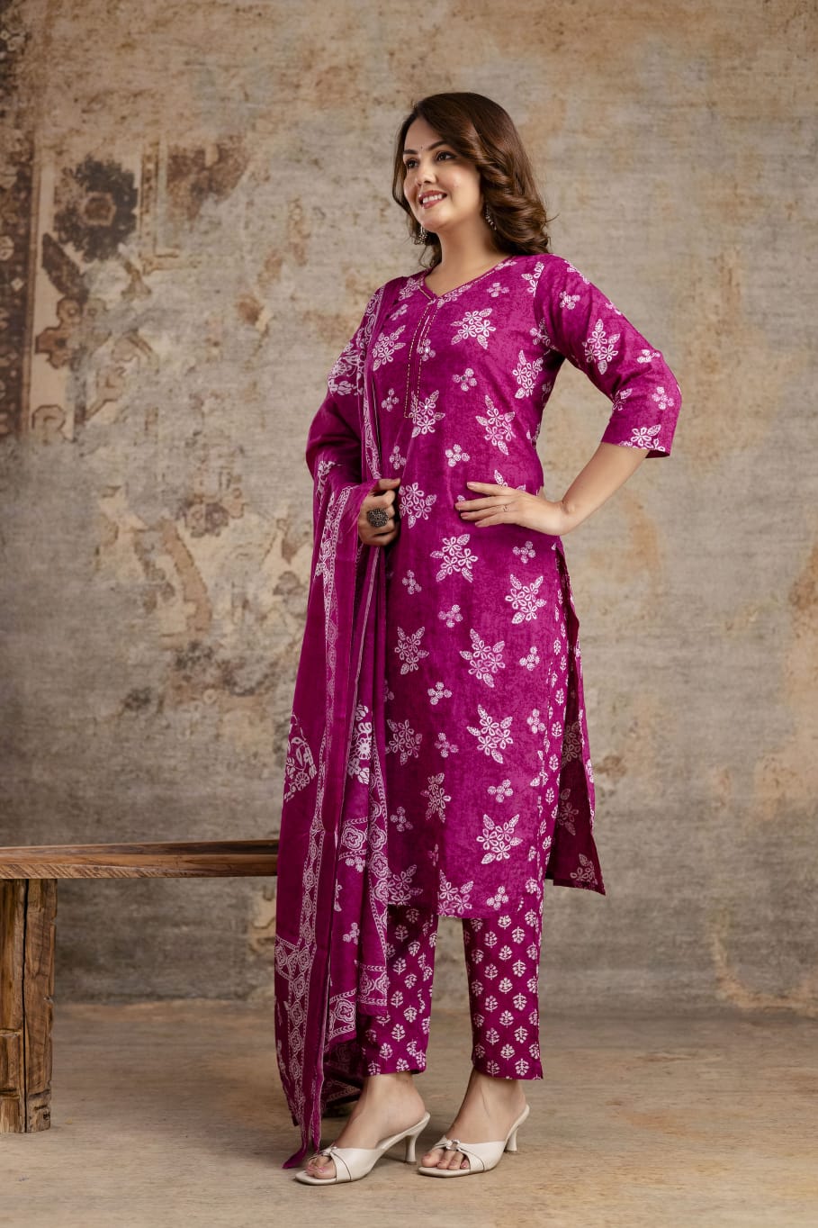 Indigo Blue Pure Cotton Suit Set with White Block Print & Dupatta