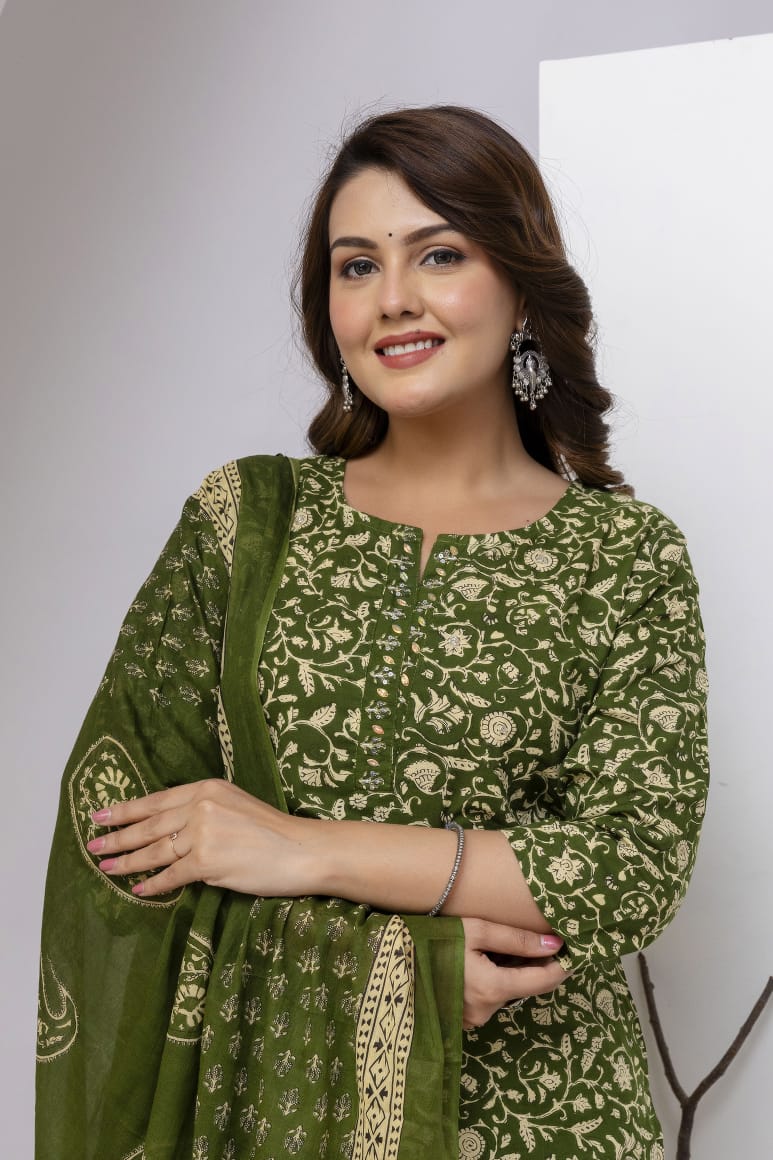 Olive Green Block Print Pure Cotton Suit Set with Border Dupatta
