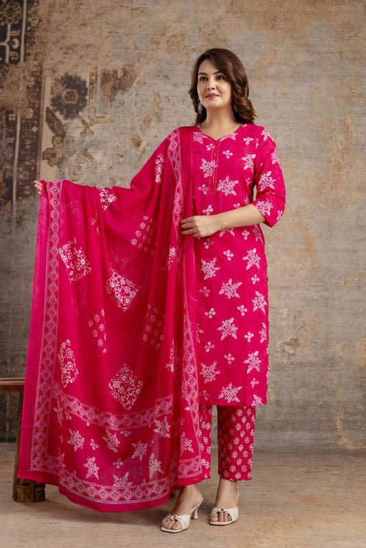 Rani Pink Pure Cotton Suit Set with White Block Print & Dupatta