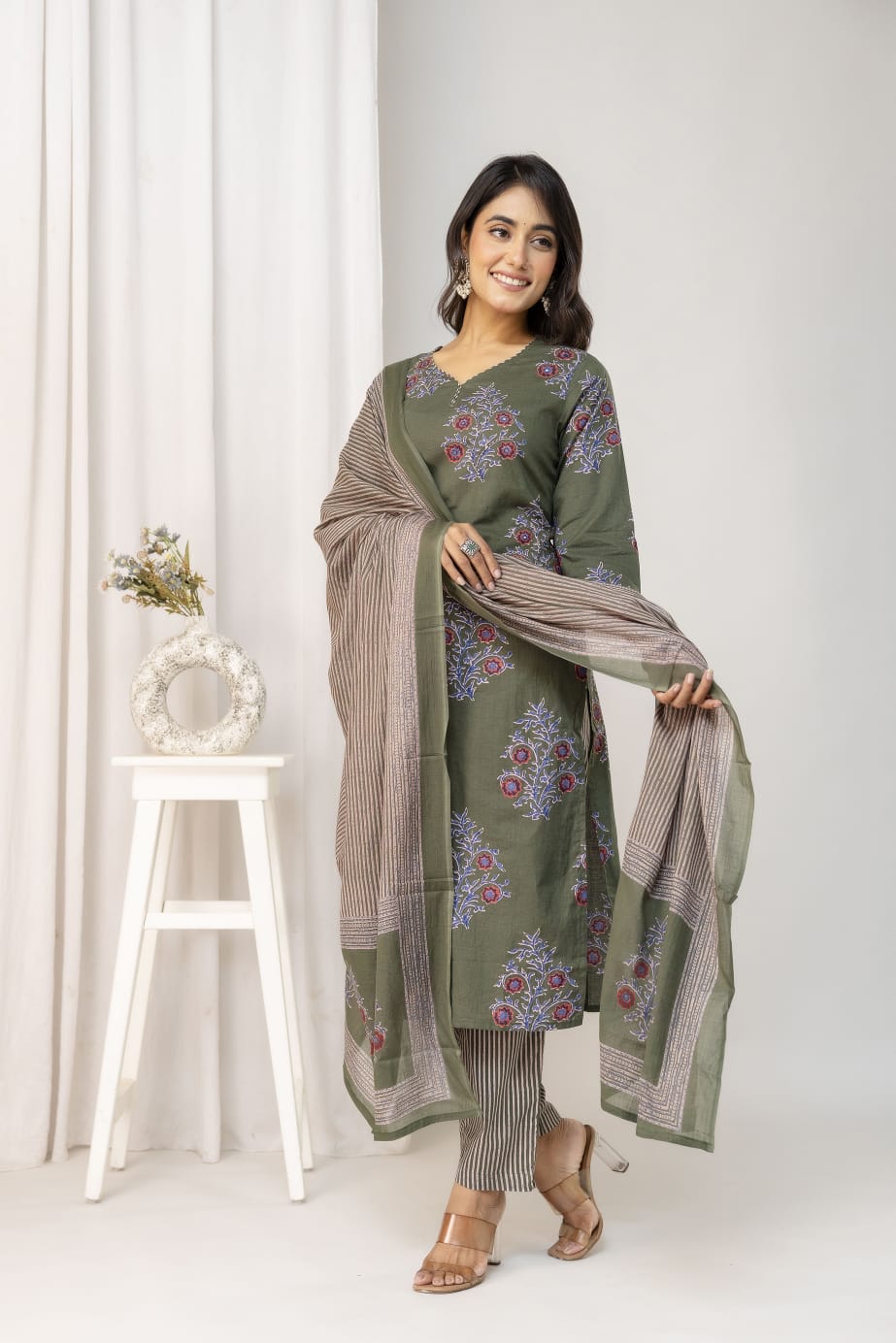 Olive Green Floral Printed Cotton Suit Set with Dupatta