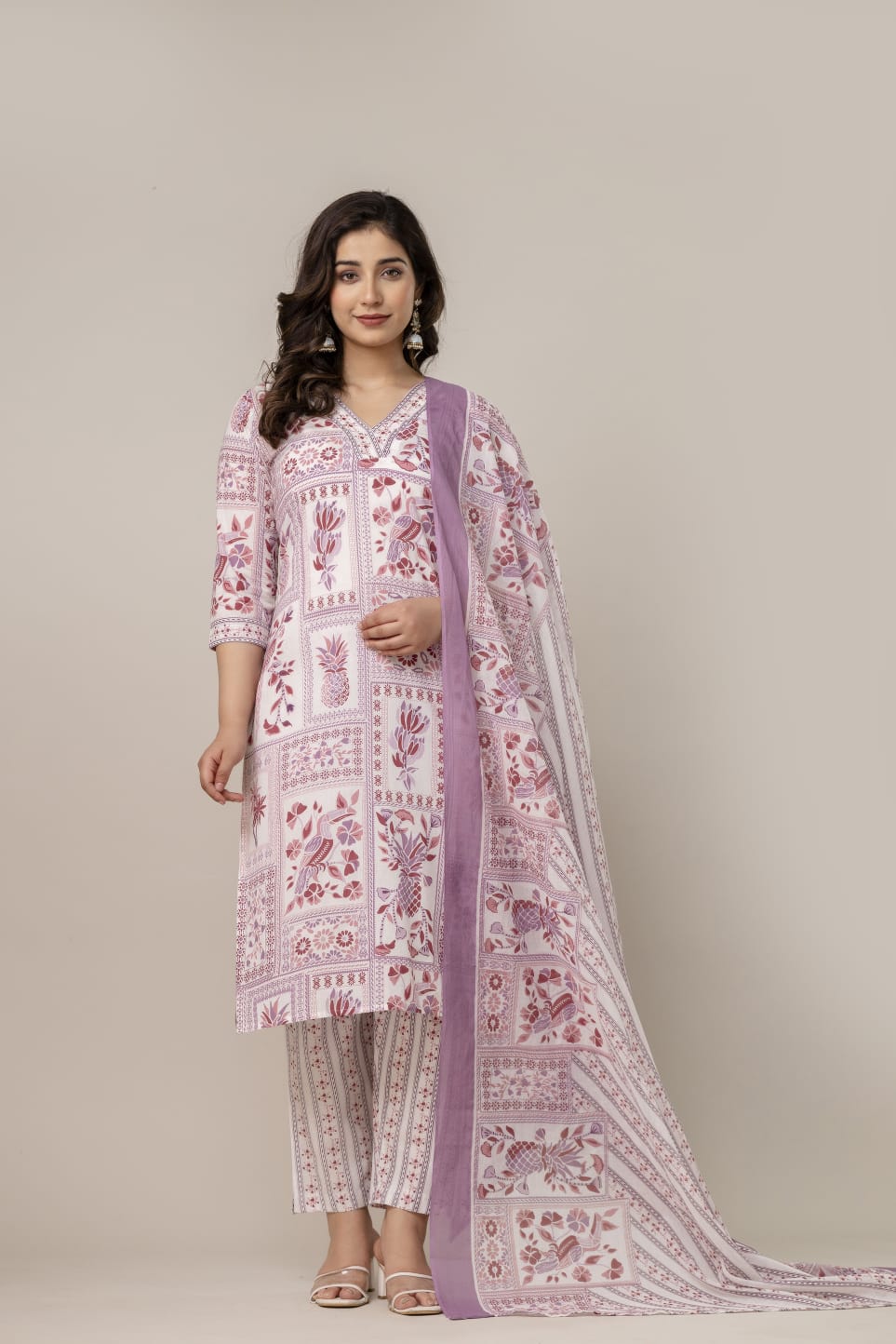 Muted Pink & White Hand-Block Printed Cotton Suit Set with Dupatta