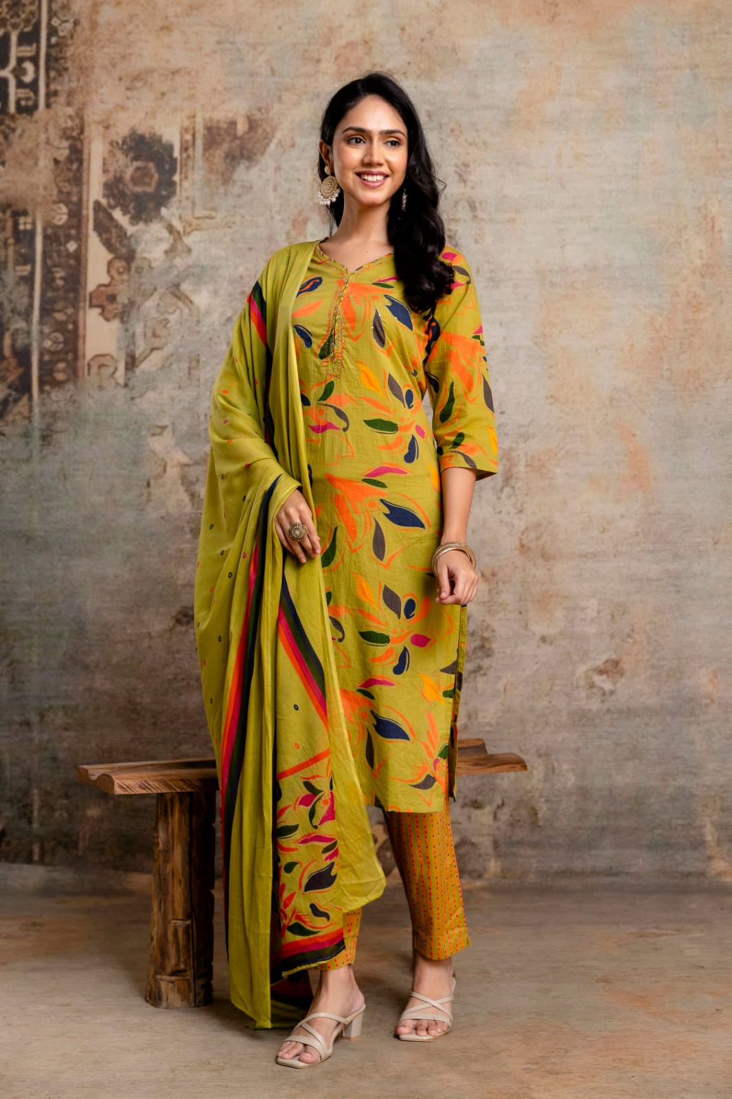 Lime Green Printed Cotton Kurta Set with Striped Pants & Dupatta
