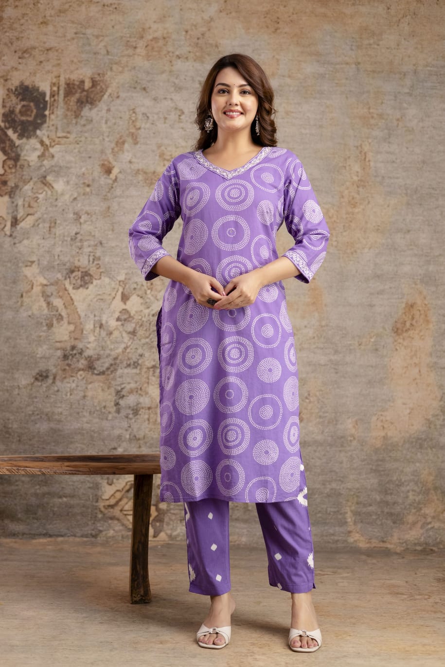Purple Pure Cotton Suit Set with White Shibori Print