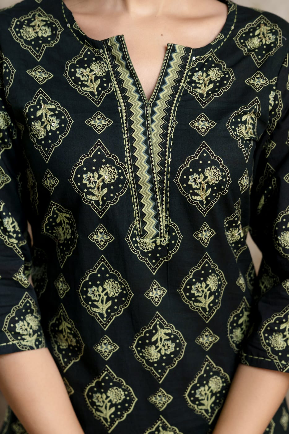 Olive Green Printed Cotton Kurta Set, Contrasting Striped Pants with Detailed Border Dupatta