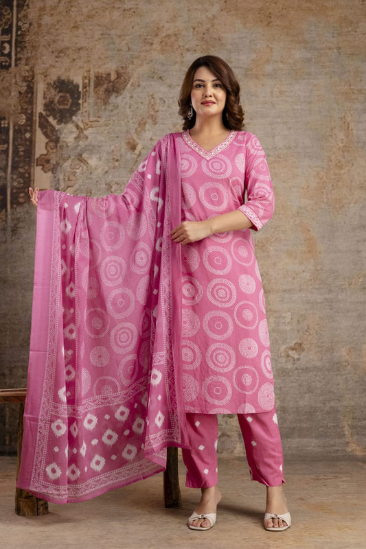 Pink Pure Cotton Suit Set with White Shibori Print