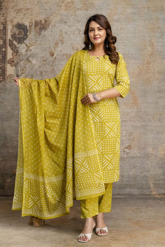Women's Mustard Bandhani Cotton Kurta with Printed Pant – Daily & Office Wear Suit Set