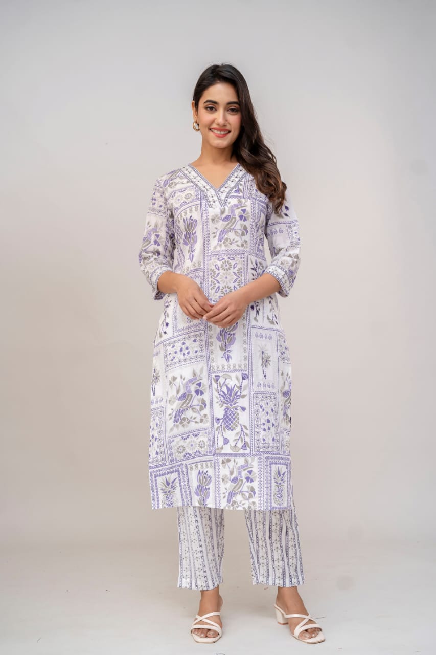 Muted Pink & White Hand-Block Printed Cotton Suit Set with Dupatta