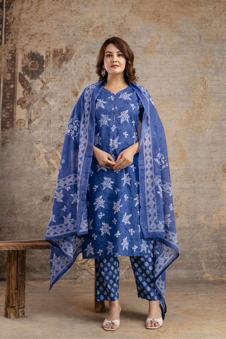 Indigo Blue Pure Cotton Suit Set with White Block Print & Dupatta