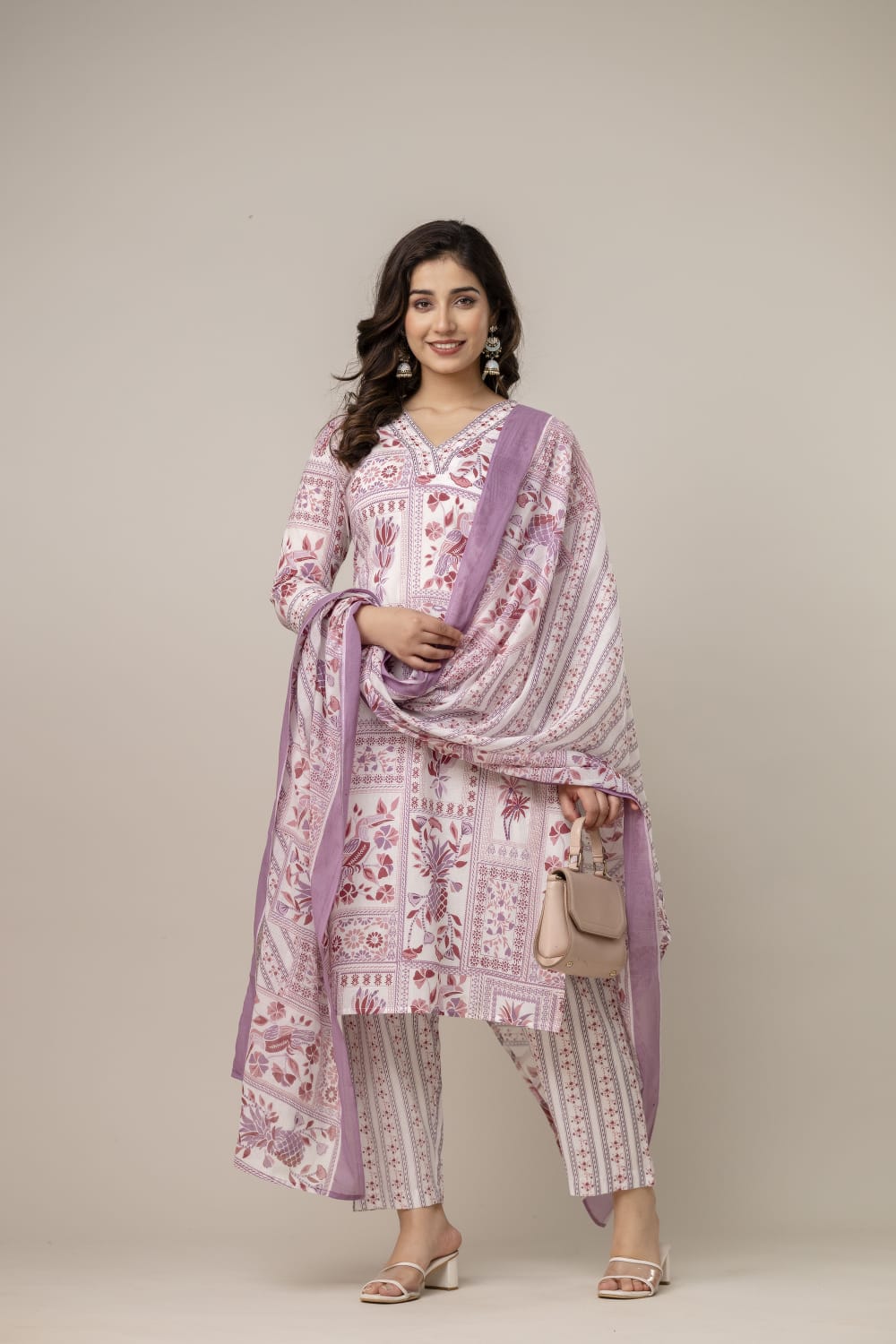 Muted Pink & White Hand-Block Printed Cotton Suit Set with Dupatta