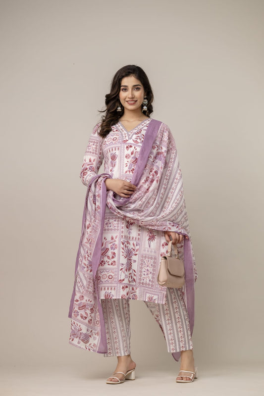 Muted Pink & White Hand-Block Printed Cotton Suit Set with Dupatta