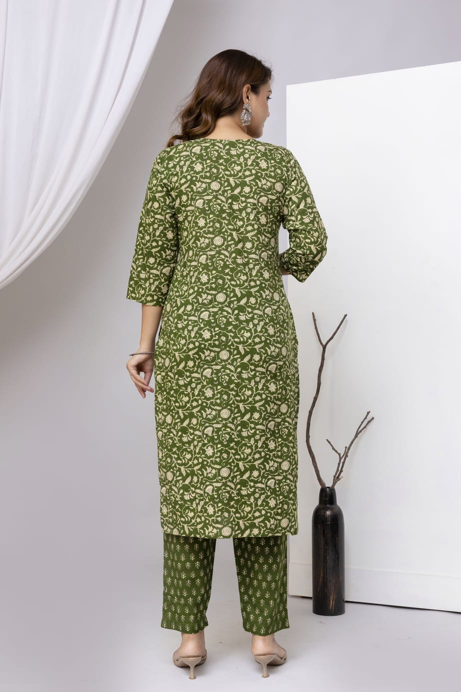 Olive Green Block Print Pure Cotton Suit Set with Border Dupatta