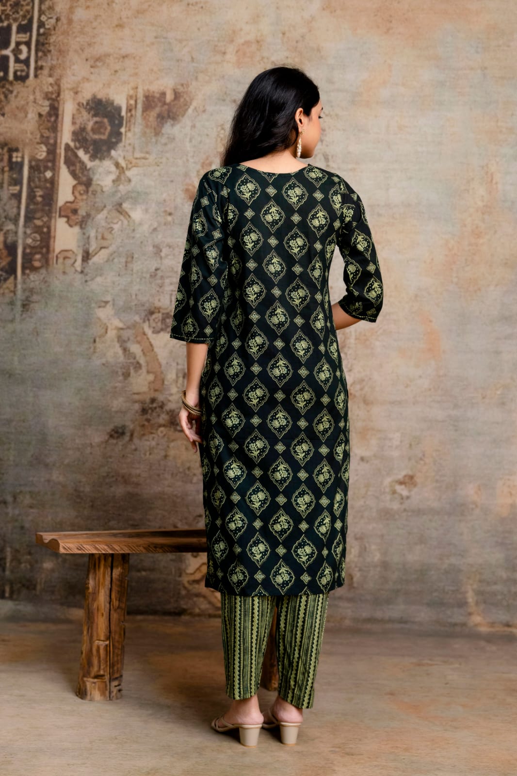 Olive Green Printed Cotton Kurta Set, Contrasting Striped Pants with Detailed Border Dupatta