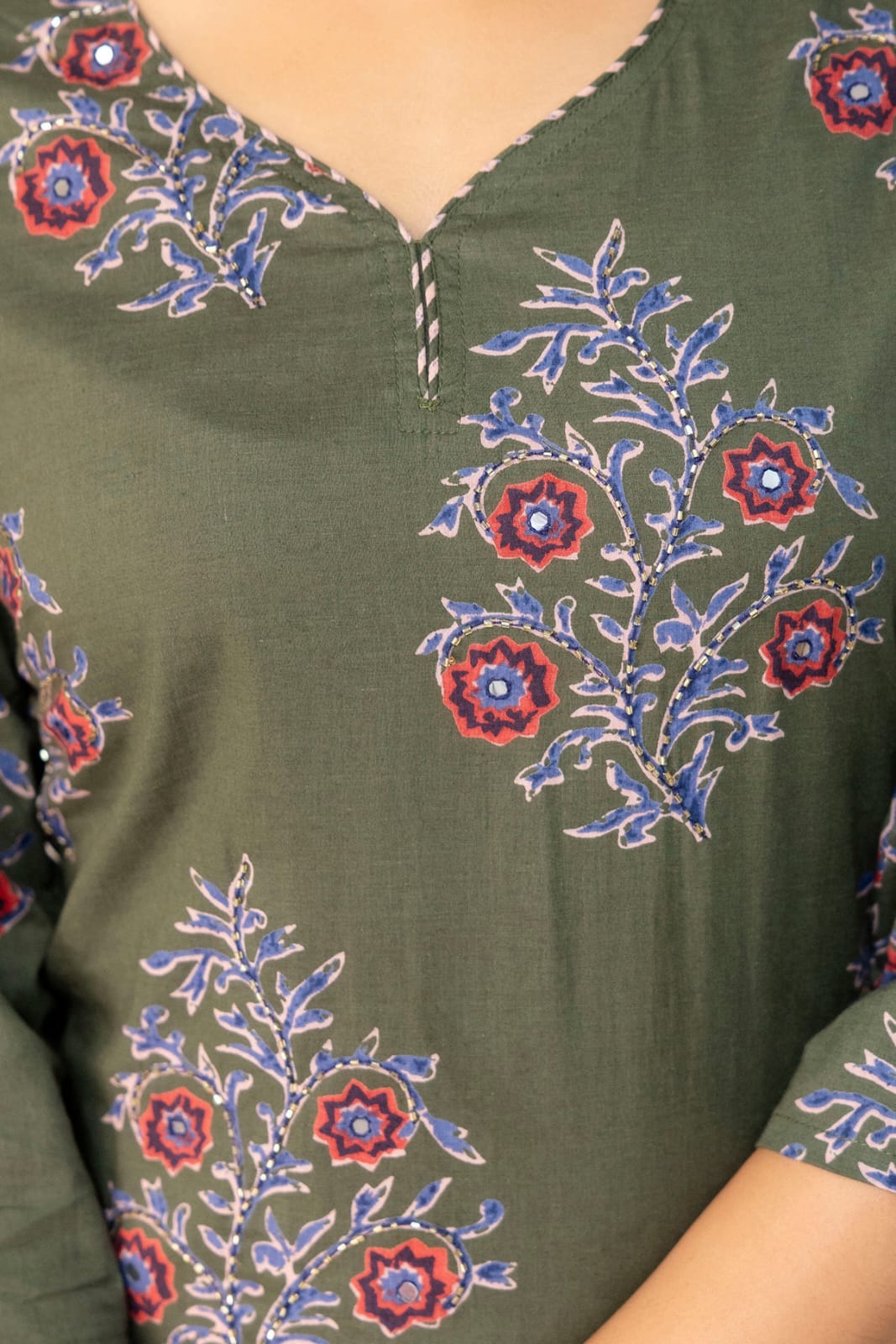 Olive Green Floral Printed Cotton Suit Set with Dupatta