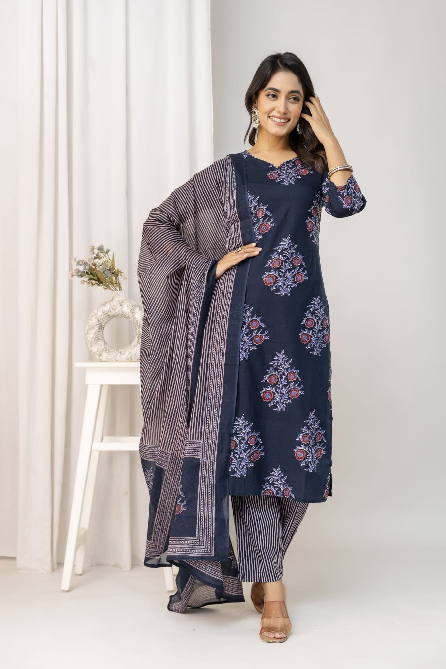 Olive Green Floral Printed Cotton Suit Set with Dupatta