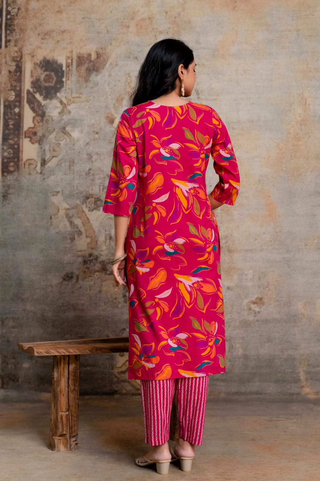 Lime Green Printed Cotton Kurta Set with Striped Pants & Dupatta