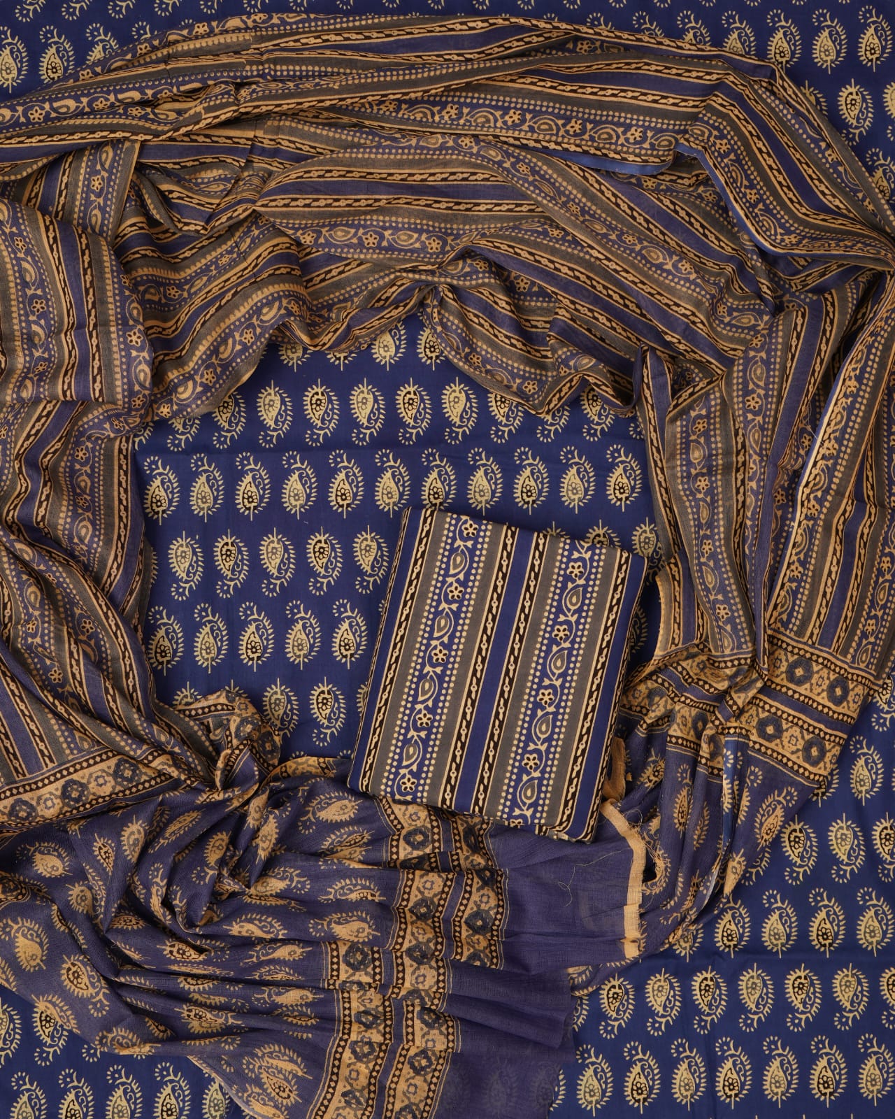 Handcrafted Ajrakh Cotton Suit Set, Traditional Block Print Design - with Mal Cotton Dupatta