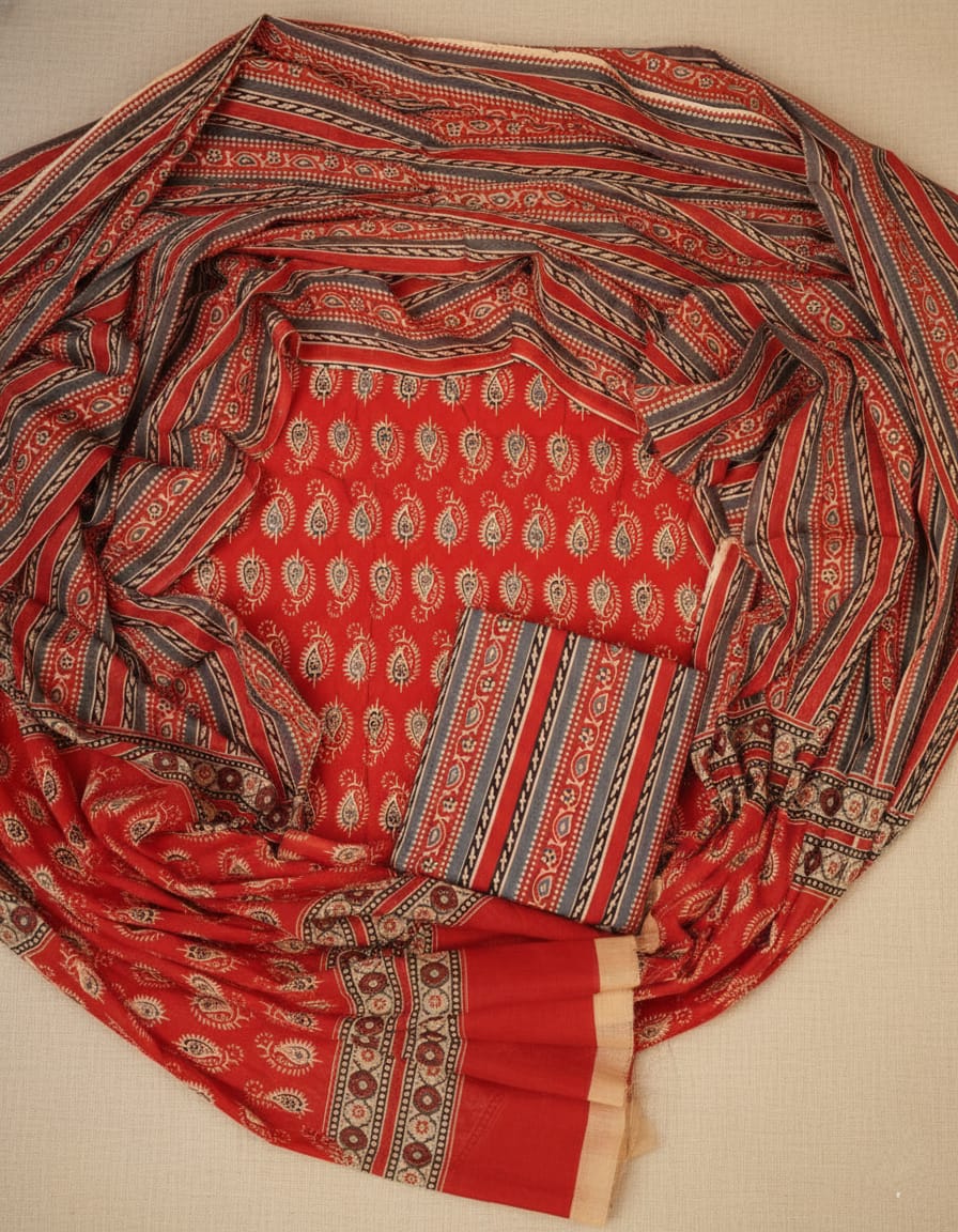 Handcrafted Ajrakh Cotton Suit Set, Traditional Block Print Design - with Mal Cotton Dupatta