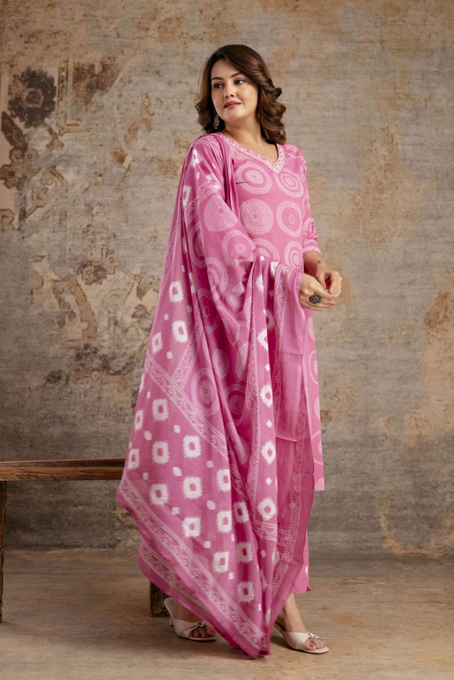 Purple Pure Cotton Suit Set with White Shibori Print