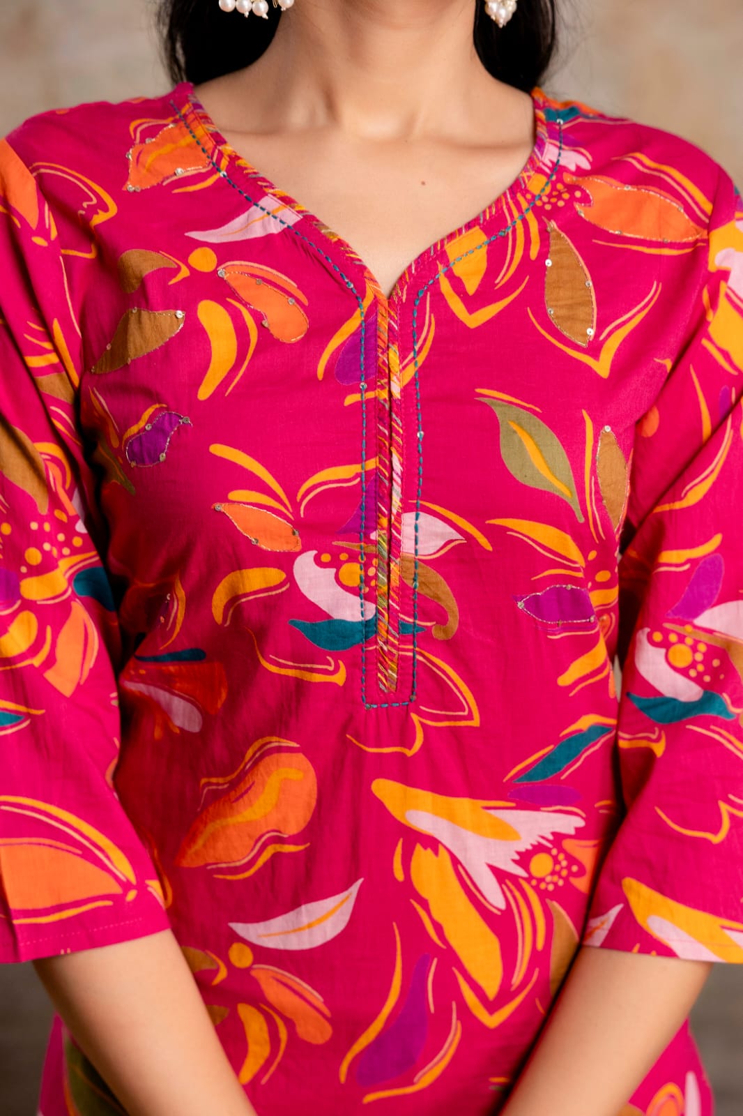 Lime Green Printed Cotton Kurta Set with Striped Pants & Dupatta