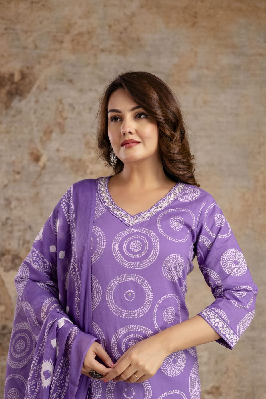 Purple Pure Cotton Suit Set with White Shibori Print