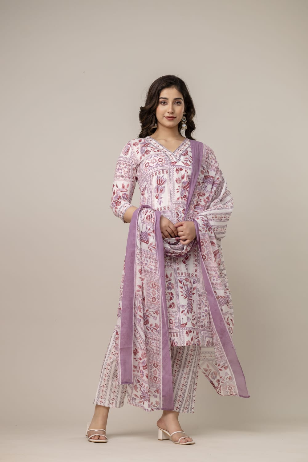 Muted Pink & White Hand-Block Printed Cotton Suit Set with Dupatta