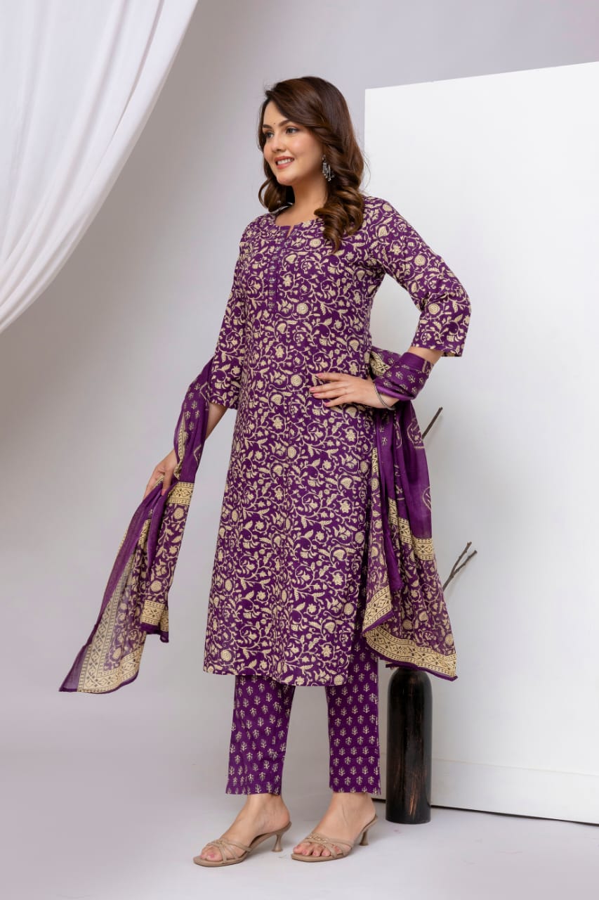 Olive Green Block Print Pure Cotton Suit Set with Border Dupatta