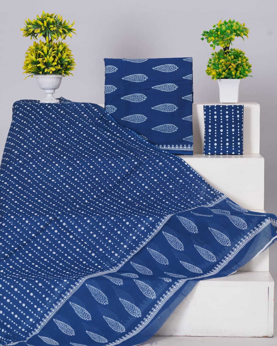 Elegant Indigo Blue Handblock Printed Cotton Suit Set - with Mal-mal Cotton Dupatta