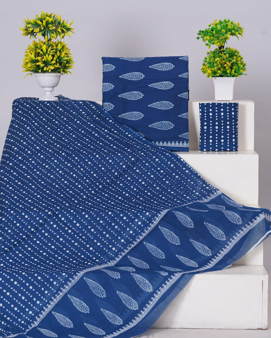 Elegant Indigo Blue Handblock Printed Cotton Suit Set - with Mal-mal Cotton Dupatta