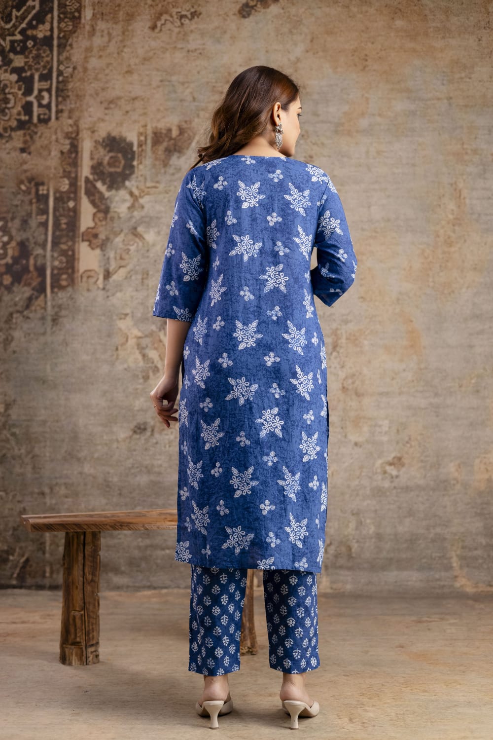 Indigo Blue Pure Cotton Suit Set with White Block Print & Dupatta