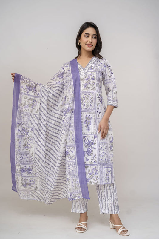 Lavender & White Hand-Block Printed Cotton Suit Set with Dupatta