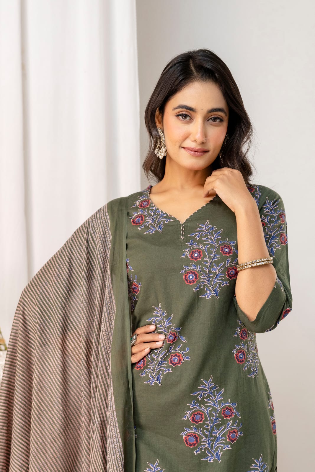 Olive Green Floral Printed Cotton Suit Set with Dupatta