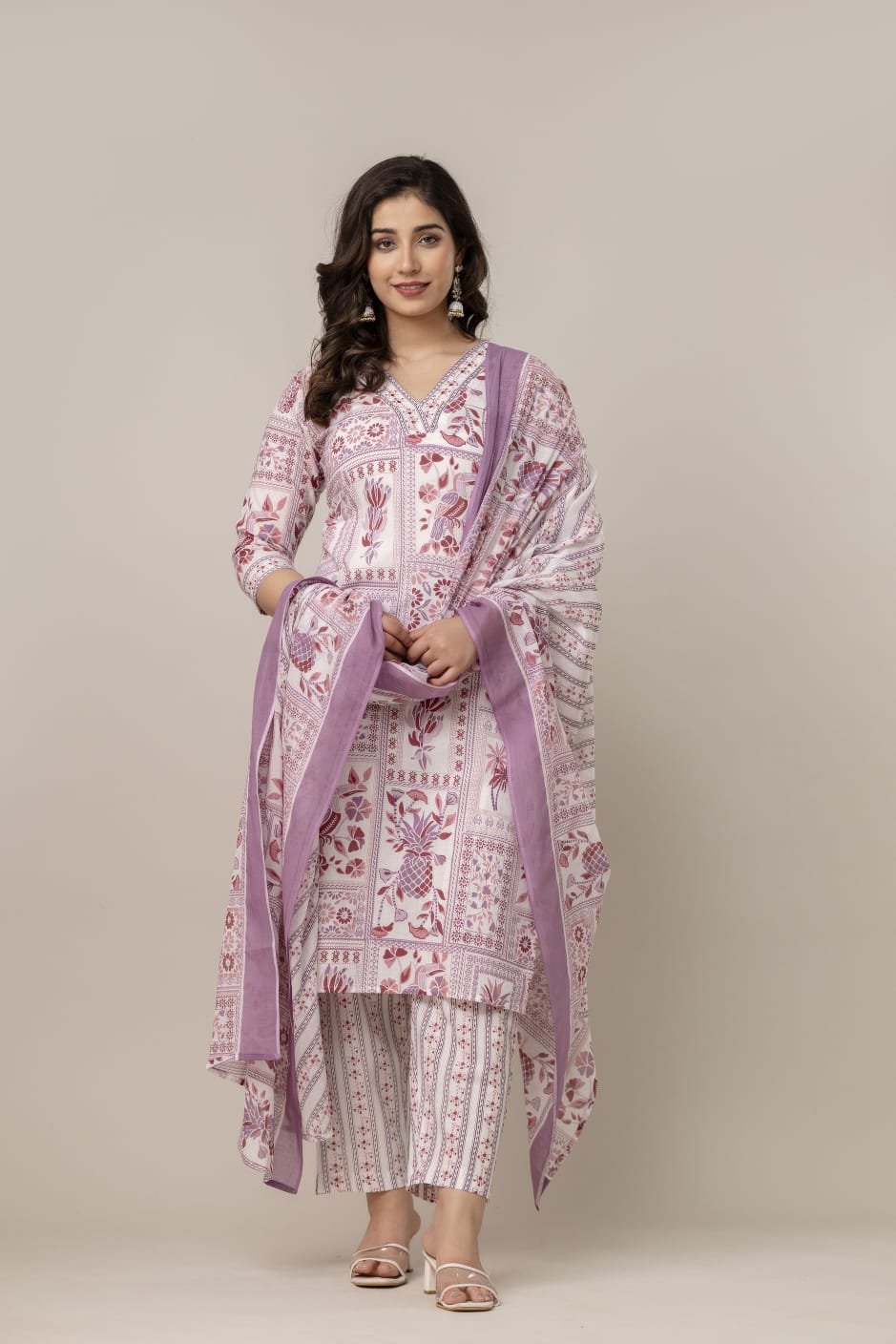 Muted Pink & White Hand-Block Printed Cotton Suit Set with Dupatta