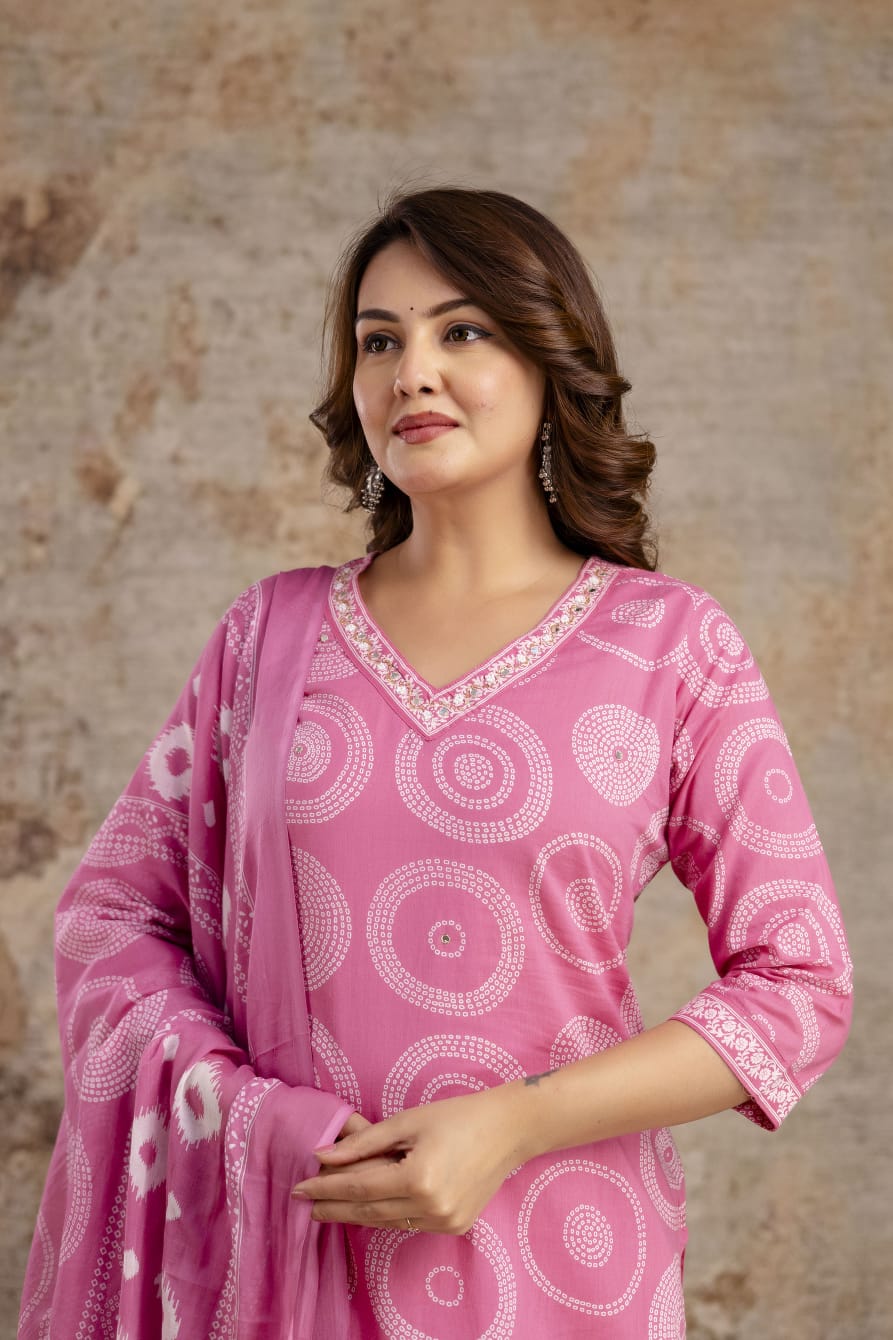 Purple Pure Cotton Suit Set with White Shibori Print