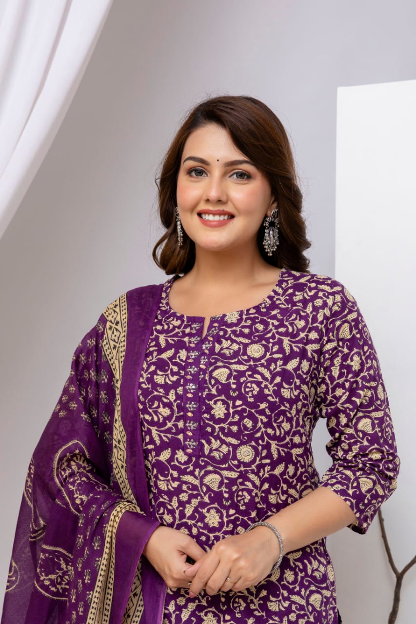 Olive Green Block Print Pure Cotton Suit Set with Border Dupatta